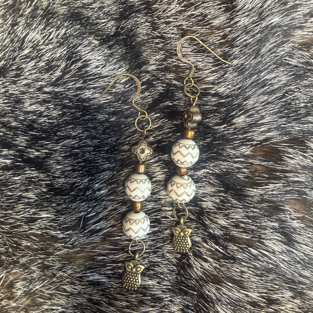 Elegant Gold and White Owl Earrings